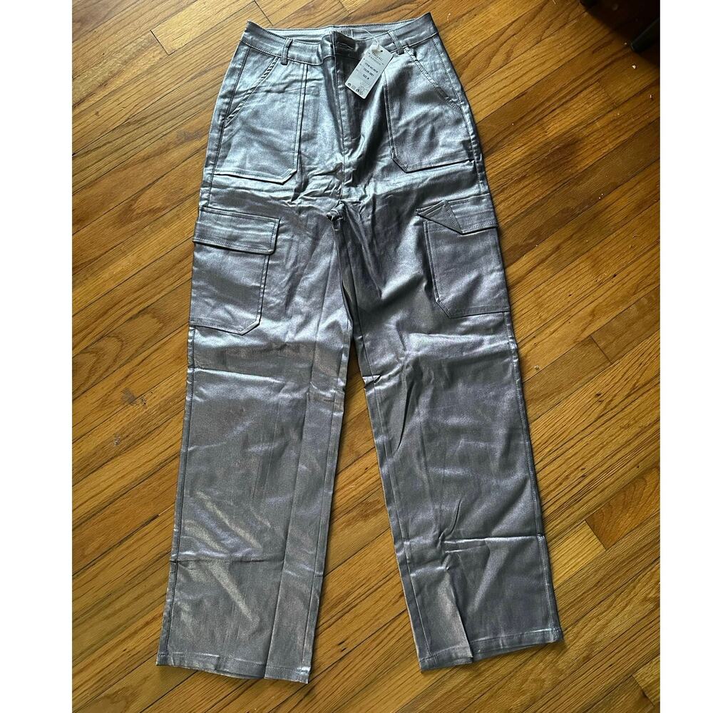 Only4U Metallic Silver Faux Leather Wide-Leg Cargo Pants Size M